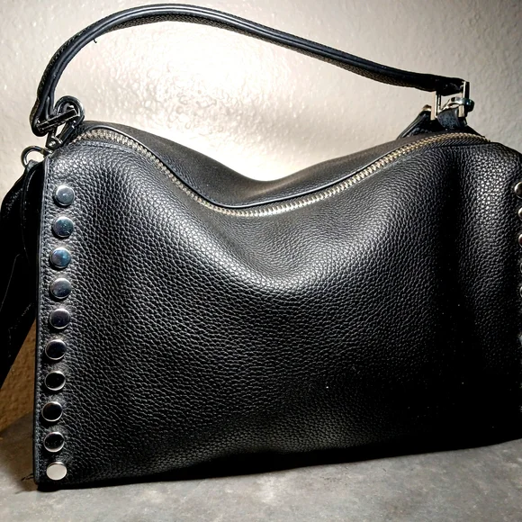 Pebbled Black Vegan Leather Studded Billet Biker Rocker Handbag Crossbody Bag - Picture 2 of 12